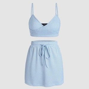 CIDER Plaid Blue & White Printed Coord top and skirt set